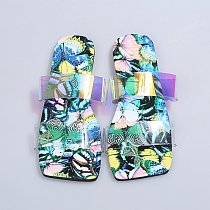 Flat Low Heel Square Toe Open Toe Sheer Color Bar Slip-On Slippers