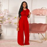 Loose Solid Color Short-sleeved Wide-leg Pants Two-piece Set