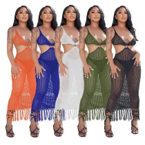 Solid Color Casual Knitted One-piece Fringed Beach Dress