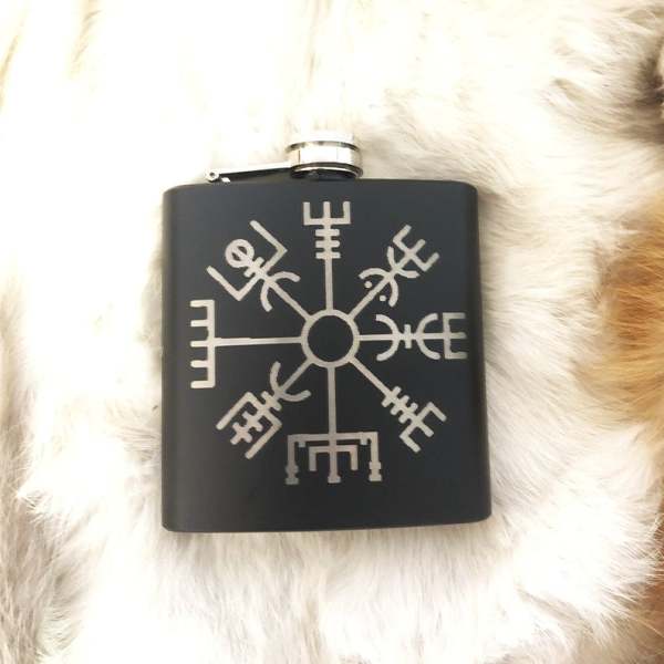 Custom Viking Vegvisir Mat Black Flask 8oz Stainless Steel