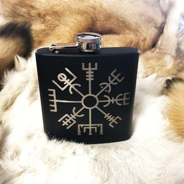 Custom Viking Vegvisir Mat Black Flask 8oz Stainless Steel