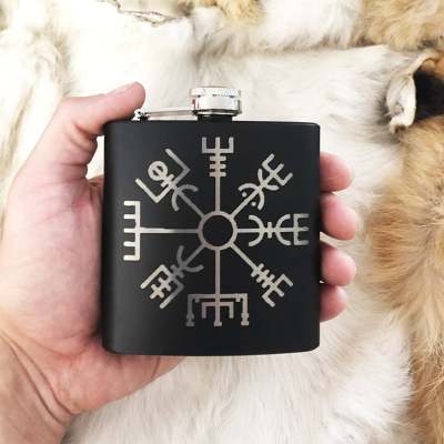 Custom Viking Vegvisir Mat Black Flask 8oz Stainless Steel
