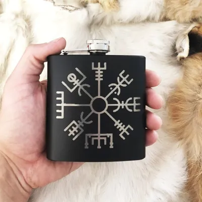 Custom Viking Vegvisir Mat Black Flask 8oz Stainless Steel