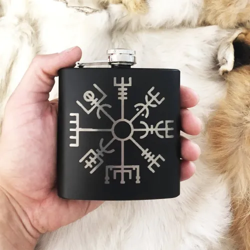 Custom Viking Vegvisir Mat Black Flask 8oz Stainless Steel