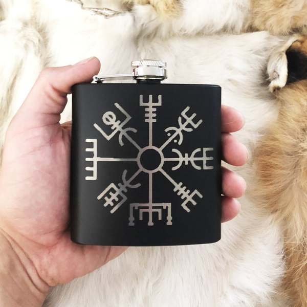 Custom Viking Vegvisir Mat Black Flask 8oz Stainless Steel