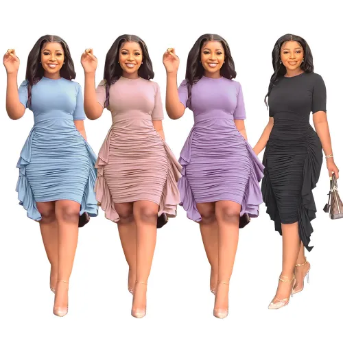 Dark Pink Ruched Ruffle Short Sleeve Bodycon Midi Dress