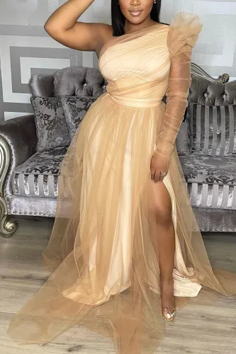 Champagne One Shoulder Slit Evening Dress