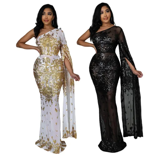 Slash Shoulder Single Sleeve Sequin Mesh White and Gold Evening Dress