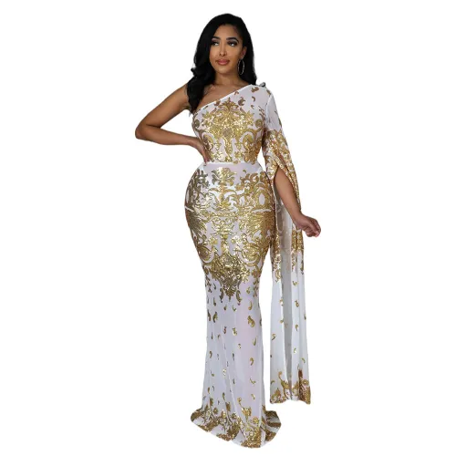 Slash Shoulder Single Sleeve Sequin Mesh White and Gold Evening Dress