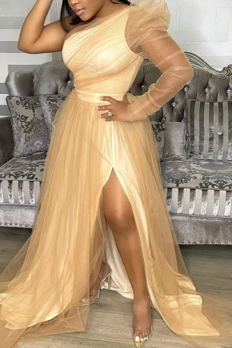 Champagne One Shoulder Slit Evening Dress