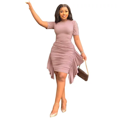 Dark Pink Ruched Ruffle Short Sleeve Bodycon Midi Dress