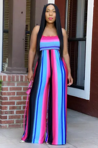 Plus Size Halter Striped Wide Leg Sleeveless Jumpsuit