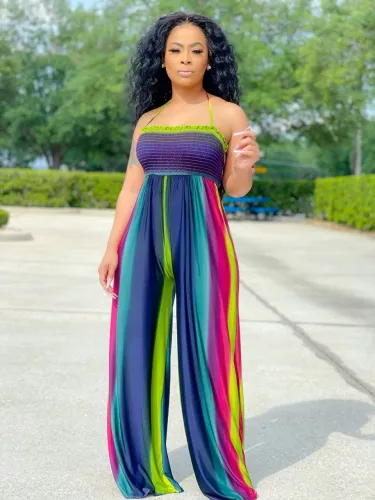 Plus Size Halter Striped Wide Leg Sleeveless Jumpsuit