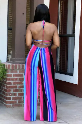 Plus Size Halter Striped Wide Leg Sleeveless Jumpsuit