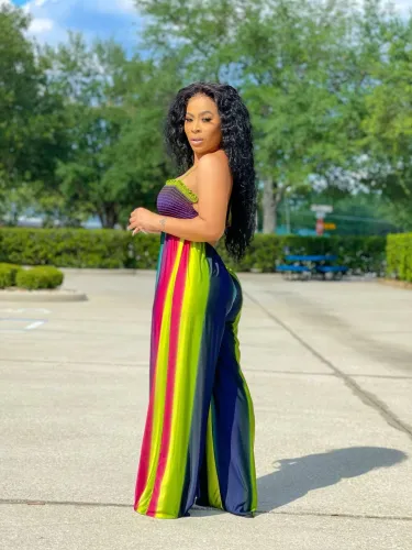Plus Size Halter Striped Wide Leg Sleeveless Jumpsuit