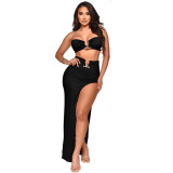 Sexy White and Black U-Ring Bandeau Top and Slit Skirt Two Piece Set