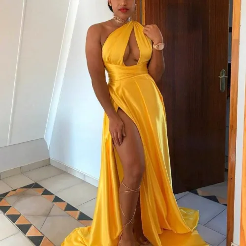 Sexy Yellow Hollow Out Split Oblique Collar Evening Dresses