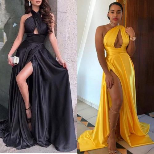 Sexy Yellow Hollow Out Split Oblique Collar Evening Dresses