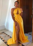 Sexy Yellow Hollow Out Split Oblique Collar Evening Dresses