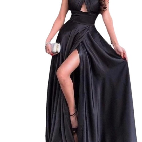 Sexy Black Hollow Out Split Oblique Collar Evening Dresses