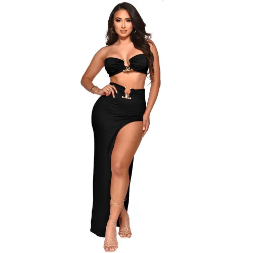 Black Sexy U-Ring Bandeau Top and Slit Skirt Two Piece Set