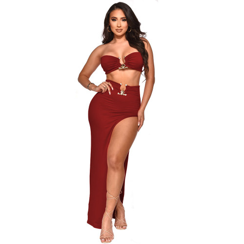Sexy Red U-Ring Bandeau Top and Slit Skirt Two Piece Set