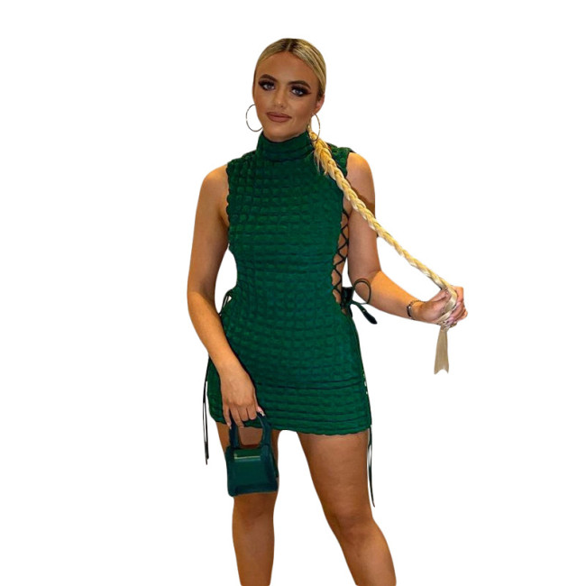 Green Mock Neck Sleeveless Lace Up Sexy Club Dress