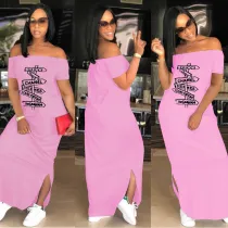 SC Plus Size Pink Letter Print Slash Neck Split Maxi Dress AL-280