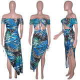 SC Sexy Print Lace-Up Top Split Drawstring Skirt Set SH-390291