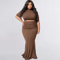 SC Plus Size Solid Short Sleeve Maxi Skirt 2 Piece Sets OSIF-22216