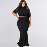 SC Plus Size Solid Short Sleeve Maxi Skirt 2 Piece Sets OSIF-22216