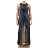 SC Plus Size Mesh Hot Drilling Split Sleeveless Evening Dress OSIF-21506