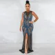 SC Plus Size Mesh Hot Drilling Split Sleeveless Evening Dress OSIF-21506