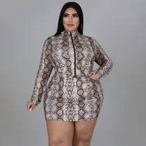 SC Plus Size Fashion Sexy Snake Print Slim Zip Coats Dress Set NNWF-7407