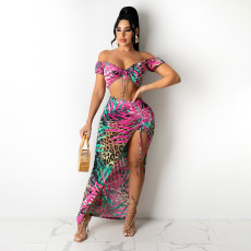 SC Sexy Print Lace-Up Top Split Drawstring Skirt Set SH-390291