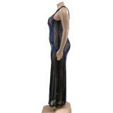 SC Plus Size Mesh Hot Drilling Split Sleeveless Evening Dress OSIF-21506
