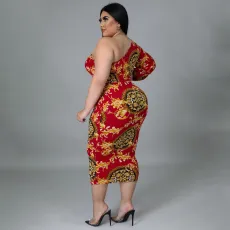 SC Plus Size Sexy Hollow One Shoulder Long Sleeve Print Midi Dress NNWF-7418