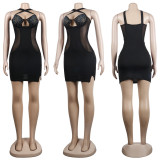 SC Plus Size Black Hot Drilling Cross Strap Night Club Dress NY-2316