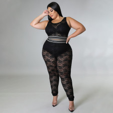 SC Plus Size Perspective Sexy Lace Black Vest And Pants Two Piece Sets NNWF-7482