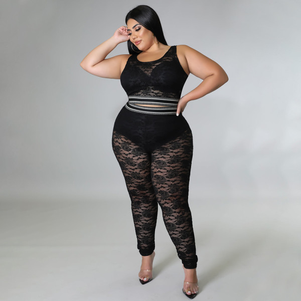 SC Plus Size Perspective Sexy Lace Black Vest And Pants Two Piece Sets NNWF-7482
