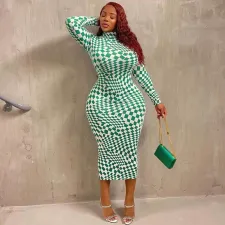 Plus Size Plaid Full Sleeve Slim Long Dress OSIF-22233