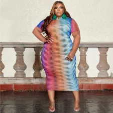 Plus Size Short Sleeve O Neck Slim Dress OSIF-22231