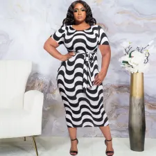 Plus Size Stripe Print Sashes Midi Dress OSIF-22218