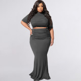 Plus Size Solid Short Sleeve Maxi Skirt 2 Piece Sets OSIF-22216