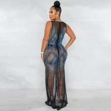 Plus Size Mesh Hot Drilling Split Sleeveless Evening Dress OSIF-21506