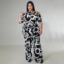 Plus Size Casual Print Mid-sleeve Jumpsuit NNWF-7481