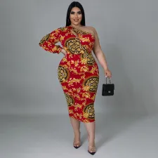Plus Size Sexy Hollow One Shoulder Long Sleeve Print Midi Dress NNWF-7418