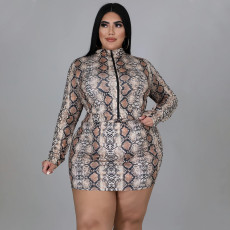 Plus Size Fashion Sexy Snake Print Slim Dress Zip Coats Set NNWF-7407