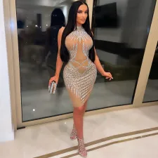 Plus Size Hot Drilling Sleeveless Bodycon Night Club Dress NY-2362