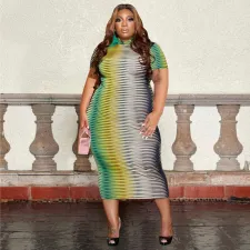 Plus Size Short Sleeve O Neck Slim Dress OSIF-22231